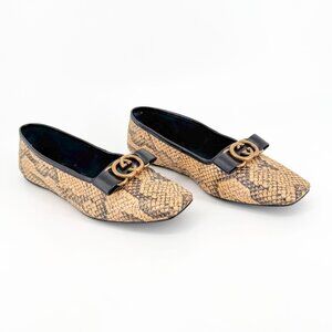 Gucci Evi Interlocking GG Ballet Flats Size 37.5 US 7.5 Beige Python Snake Logo